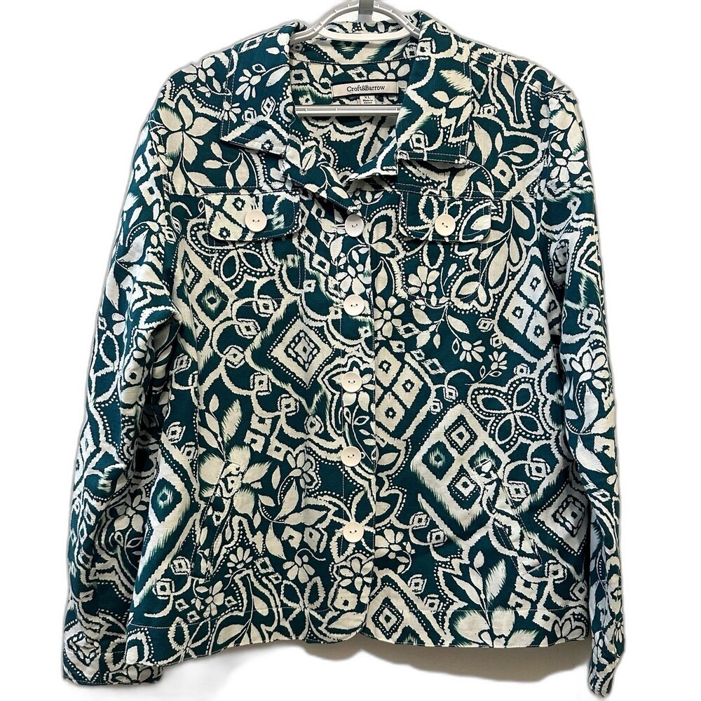 Croft & Barrow Linen Cotton Jacket XL Teal White Ikat Floral Button Front